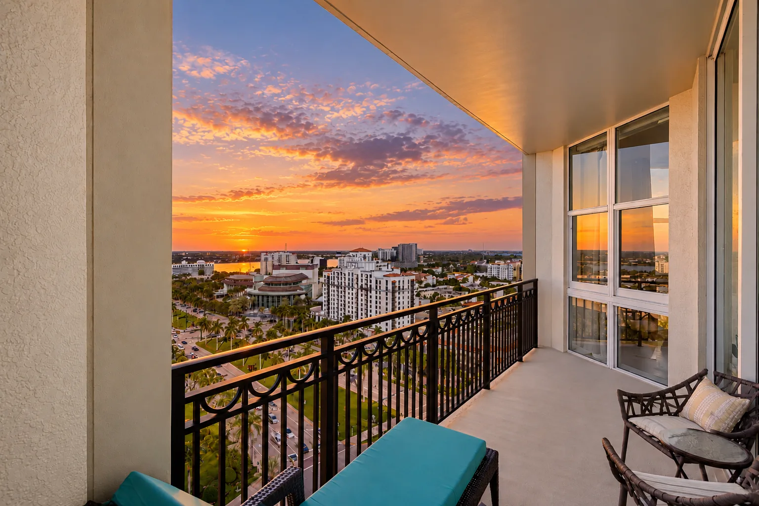 Sunset balcony view at 550 Okeechobee Blvd LPH11