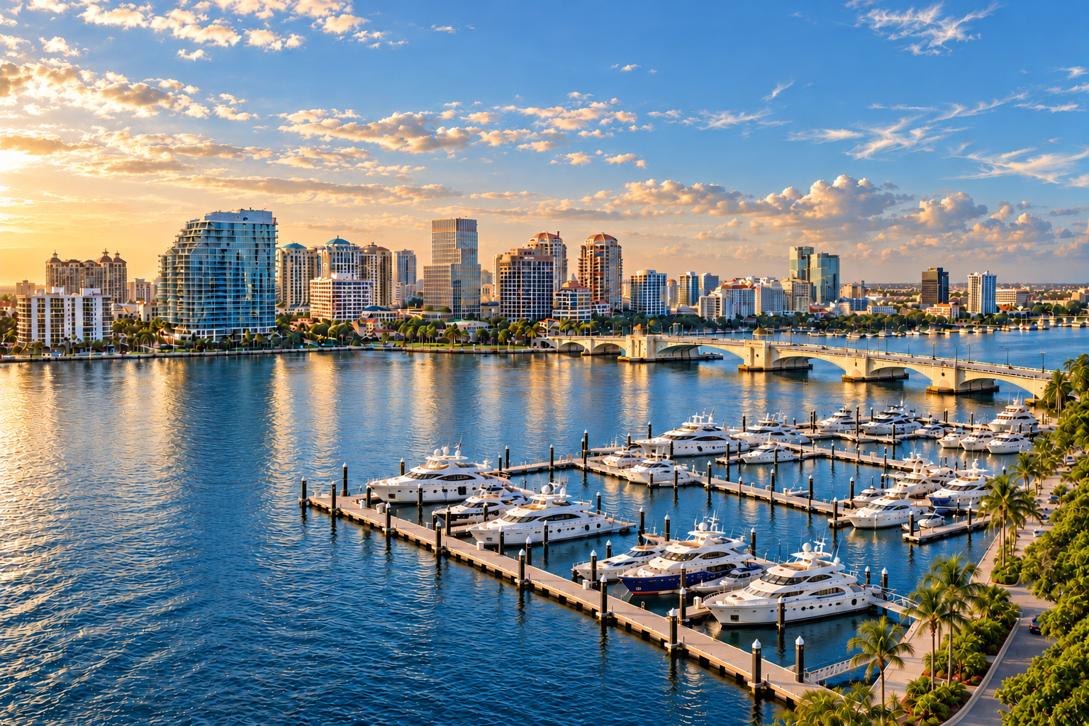 AI-created illustration inspired by the West Palm Beach waterfront and skyline
